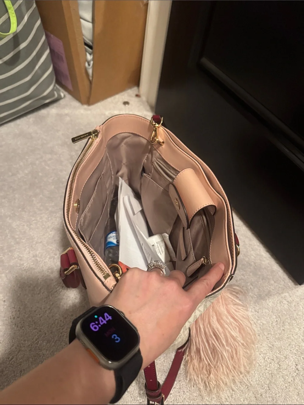 Michael Kors Pink and Burgundy Leather Satchel with Cream Logo Panels